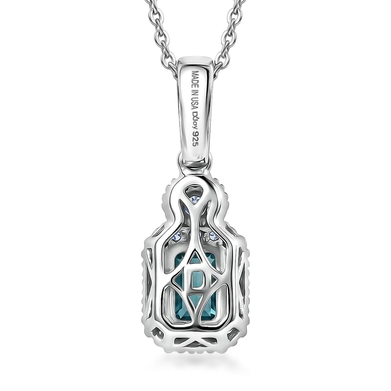 D'Joy AAA Monte Belo Indicolite and Moissanite 0.85 ctw Royal Ocean Halo Pendant Necklace in Rhodium Over Sterling Silver 20 Inches