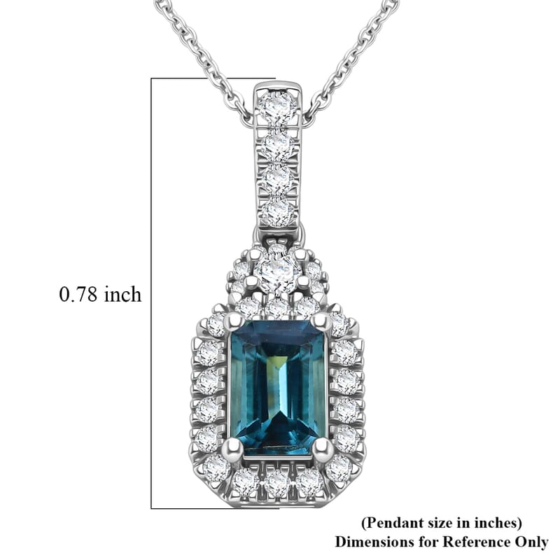 D'Joy AAA Monte Belo Indicolite and Moissanite 0.85 ctw Royal Ocean Halo Pendant Necklace in Rhodium Over Sterling Silver 20 Inches