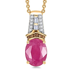 Luxoro AAA Montepuez Ruby, Natural Champagne and White Diamond I2 2.25 ctw Royal Flame Pendant Necklace in 10K Yellow Gold 20 Inches