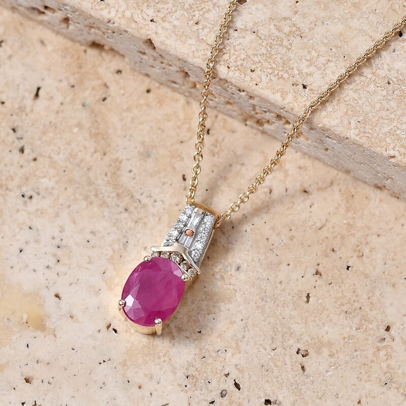 Luxoro AAA Montepuez Ruby, Natural Champagne and White Diamond I2 2.25 ctw Royal Flame Pendant Necklace in 10K Yellow Gold 20 Inches
