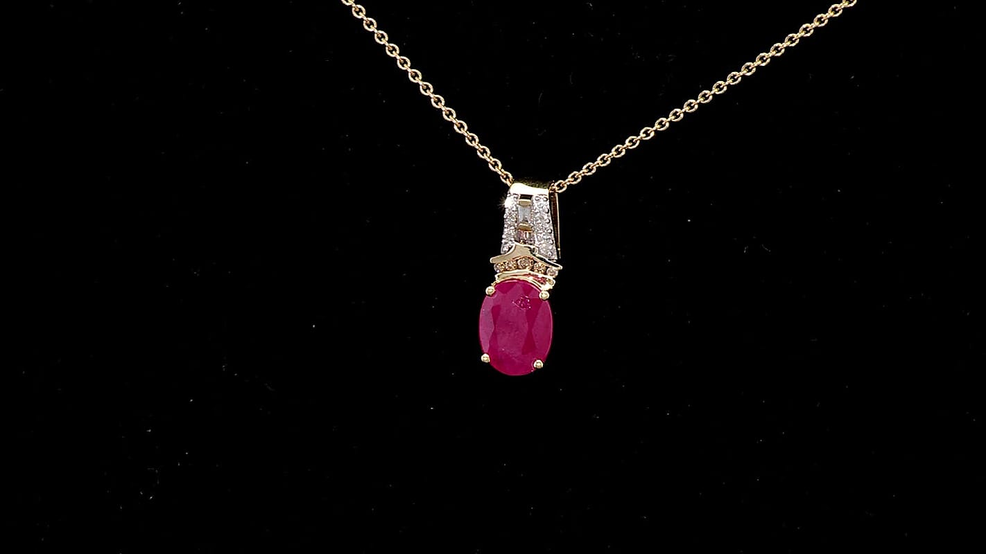 Luxoro AAA Montepuez Ruby, Natural Champagne and White Diamond I2 2.25 ctw Royal Flame Pendant Necklace in 10K Yellow Gold 20 Inches