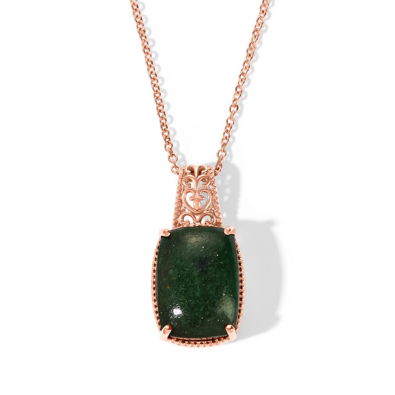 EverTrue Green Aventurine 11.25 ctw Pendant in 14K RG Over Copper with ION Plated RG Stainless Steel (20 Inches)