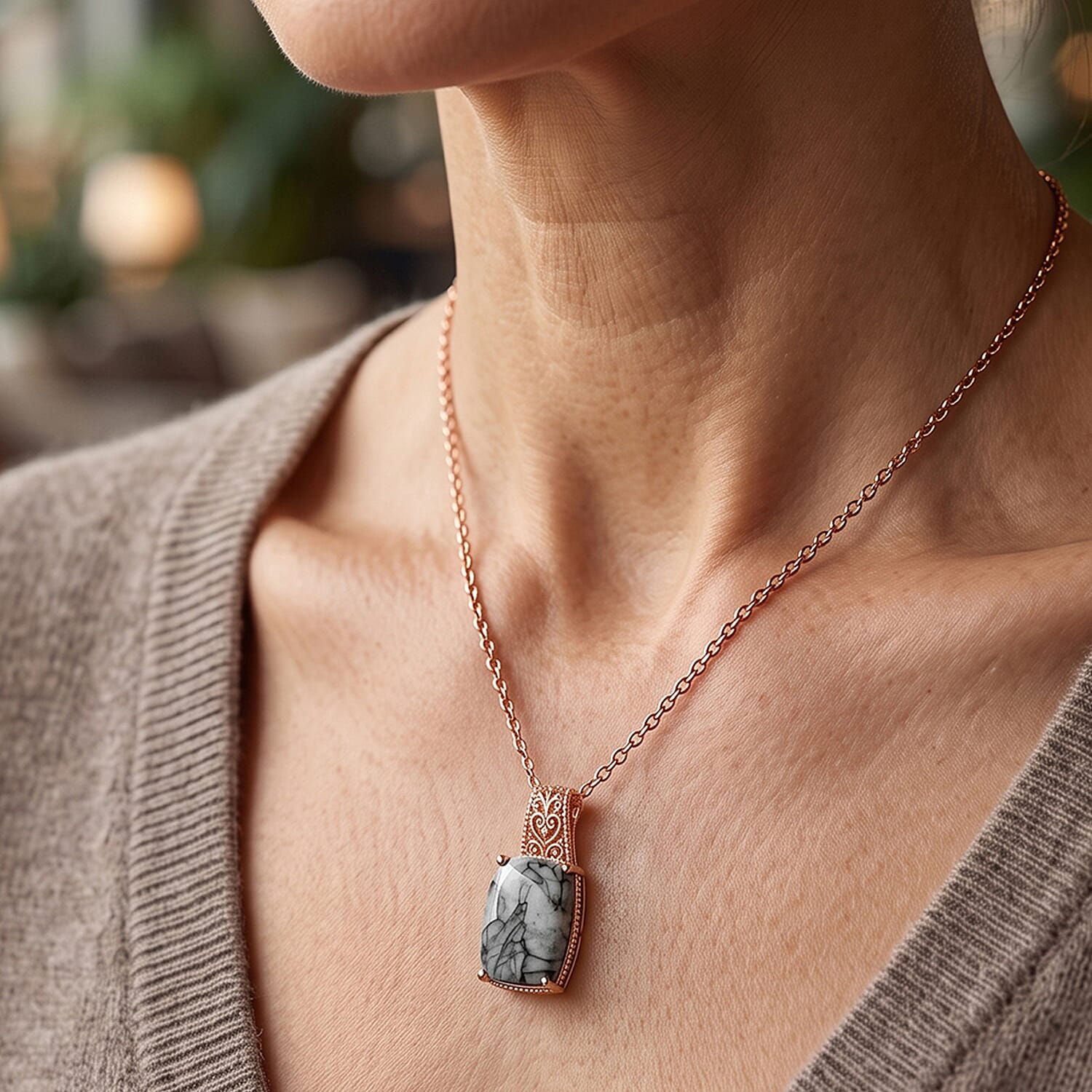 EverTure Pinolith 15.00 ctw Pendant in 14K RG Over Copper with ION Plated RG Stainless Steel Necklace 20 Inches