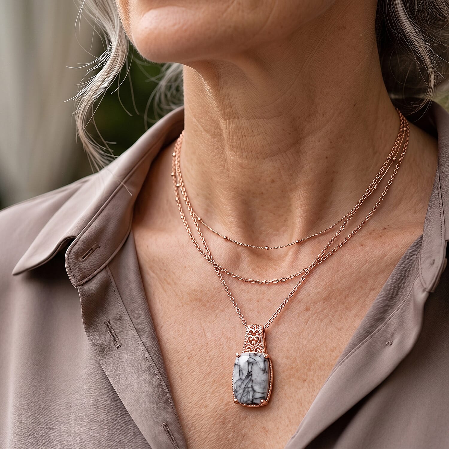 EverTure Pinolith 15.00 ctw Pendant in 14K RG Over Copper with ION Plated RG Stainless Steel Necklace 20 Inches