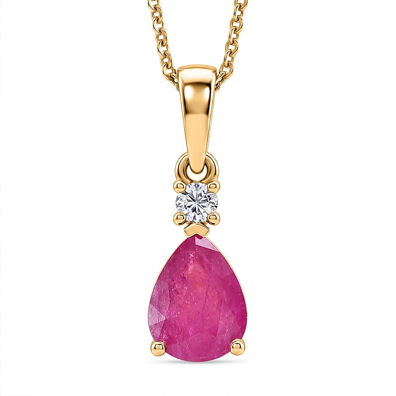 Premium Montepuez Ruby and Luxuriant Lab Grown Diamond G-H SI 1.25 ctw Whispering Drop Pendant Necklace in 18K Vermeil Yellow Gold Over Sterling Silver 20 Inches