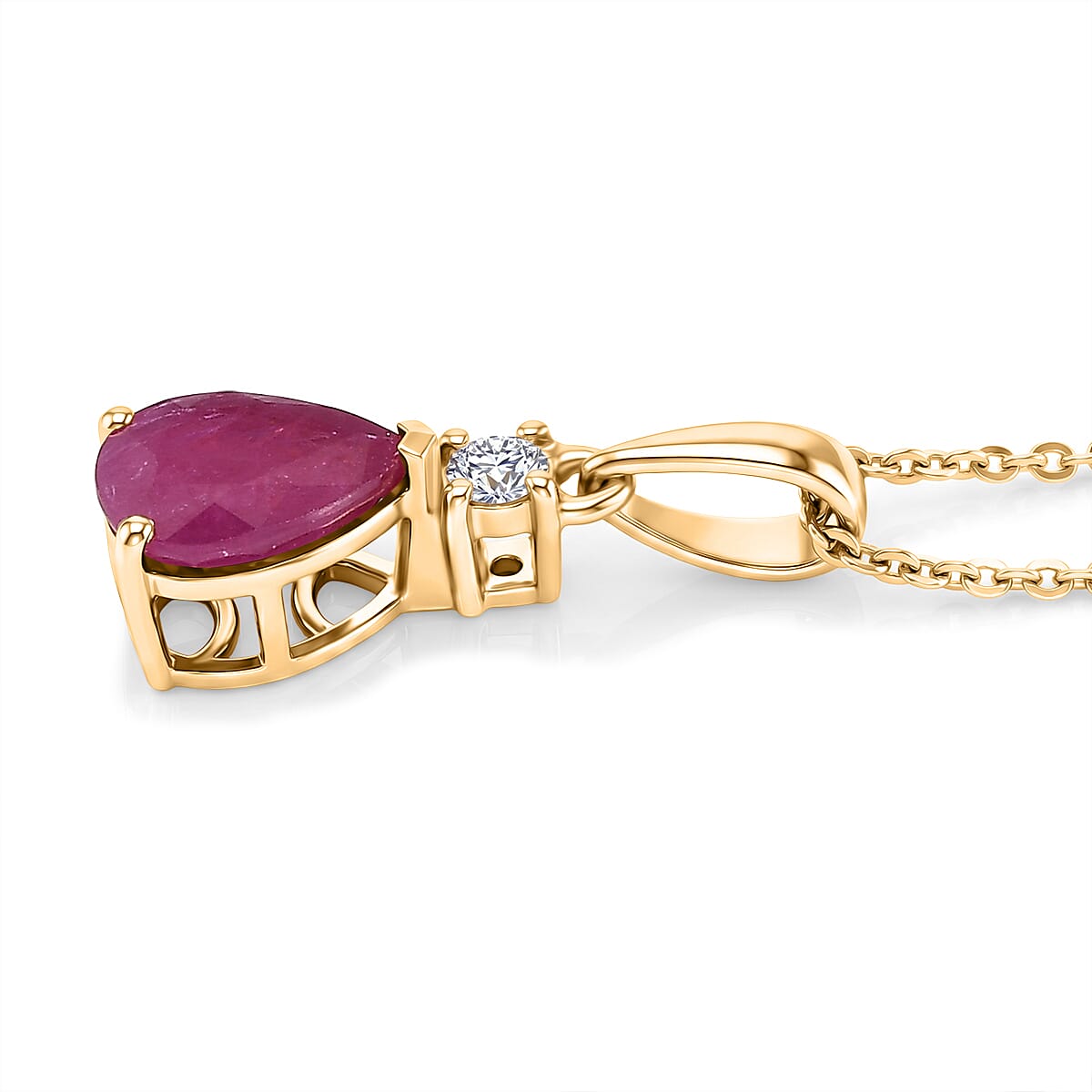 Premium Montepuez Ruby and Luxuriant Lab Grown Diamond G-H SI 1.25 ctw Whispering Drop Pendant Necklace in 18K Vermeil Yellow Gold Over Sterling Silver 20 Inches image number 3