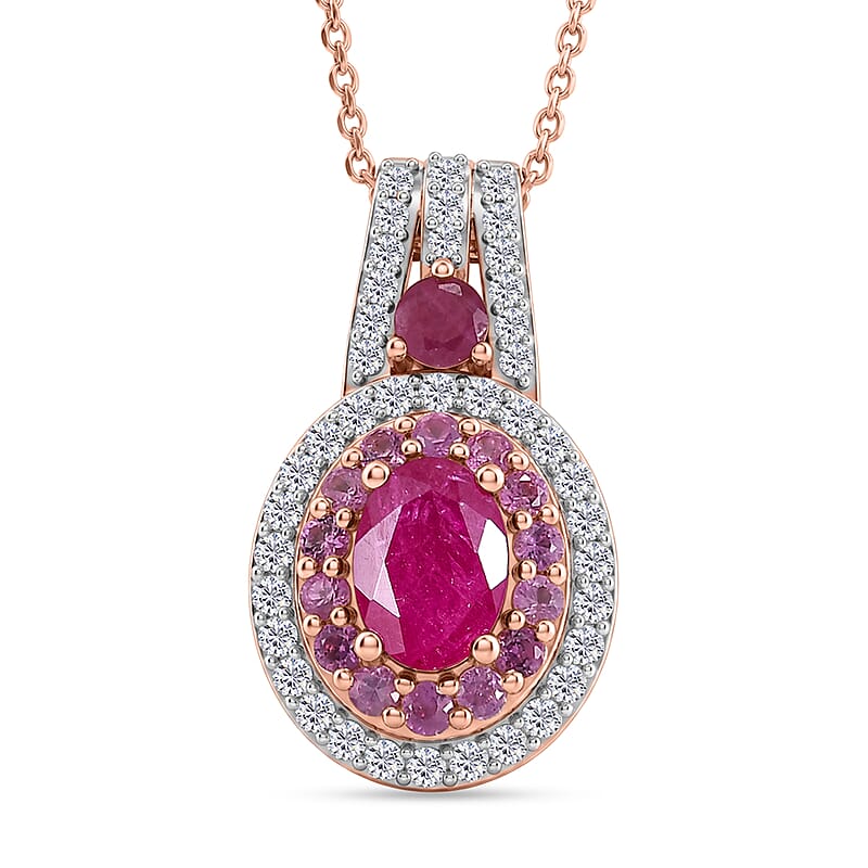 D'Joy Premium Montepuez Ruby and Multi Gemstone 2.10 ctw Flame Royale Pendant Necklace in 18K Vermeil RG Over Sterling Silver 20 Inches