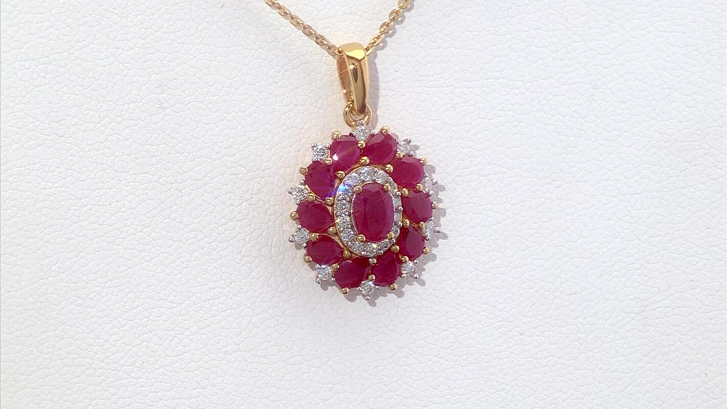 D'Joy Premium Montepuez Ruby and Moissanite 2.90 ctw Scarlet Bloom Pendant Necklace in 18K Vermeil Yellow Gold Over Sterling Silver 20 inches