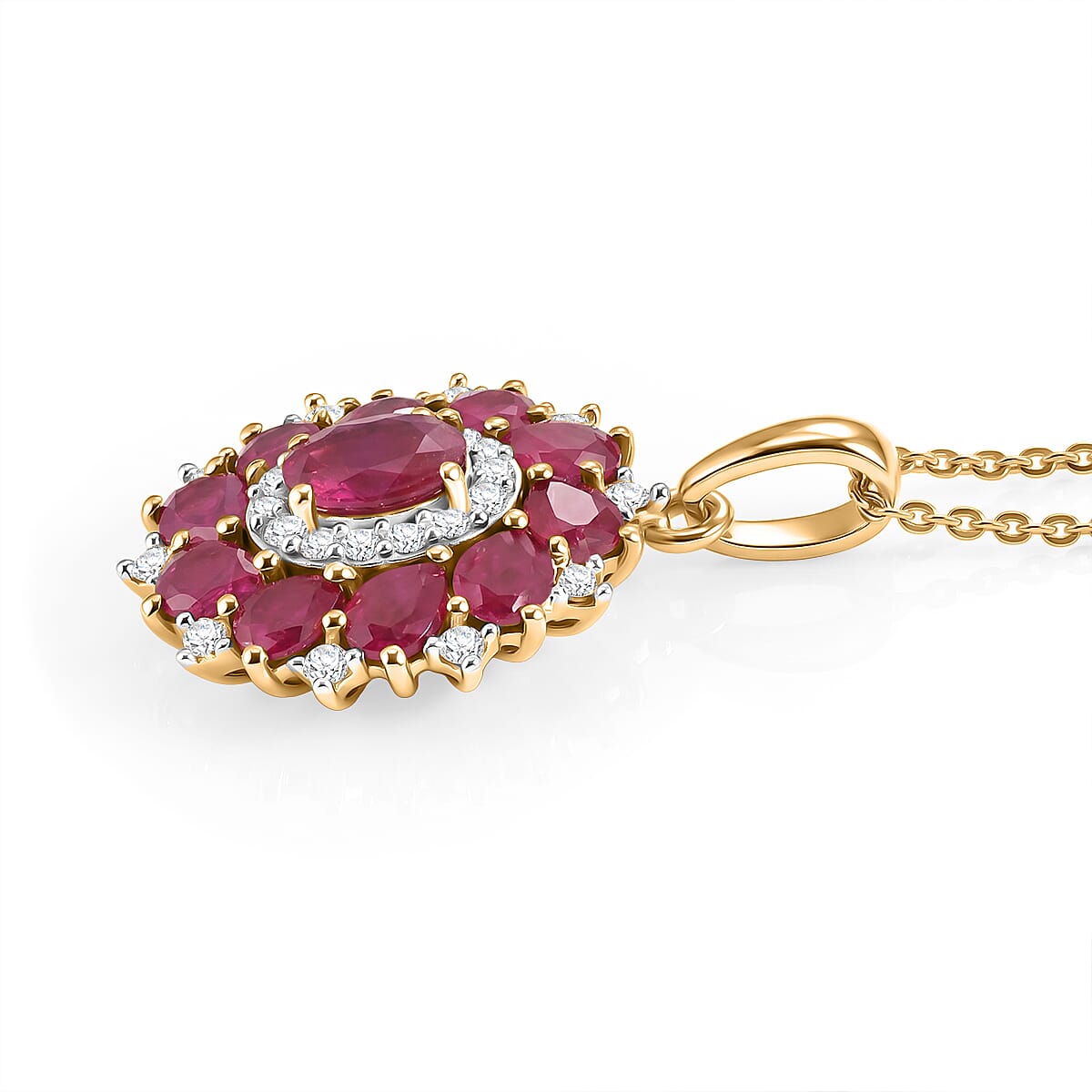 D'Joy Premium Montepuez Ruby and Moissanite 2.90 ctw Scarlet Bloom Pendant Necklace in 18K Vermeil Yellow Gold Over Sterling Silver 20 inches image number 3
