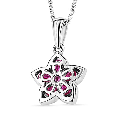 D'Joy Premium Montepuez Ruby and Moissanite 1.00 ctw Flame Petal Pendant Necklace in Rhodium Over Sterling Silver 20 Inches
