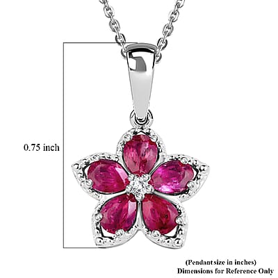 D'Joy Premium Montepuez Ruby and Moissanite 1.00 ctw Flame Petal Pendant Necklace in Rhodium Over Sterling Silver 20 Inches