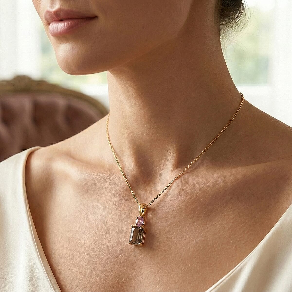 D'Joy Premium Turkizite and Madagascar Pink Sapphire 1.20 ctw Pendant Necklace in 18K Vermeil Yellow Gold Over Sterling Silver (20 Inches) image number 2