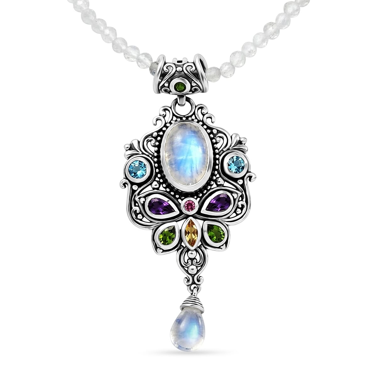D'Joy Indian Artisan Crafted Premium Rainbow Moonstone, Multi Gemstone Pendant with Beaded Necklace (20 Inches) in Sterling Silver 56.10 ctw
