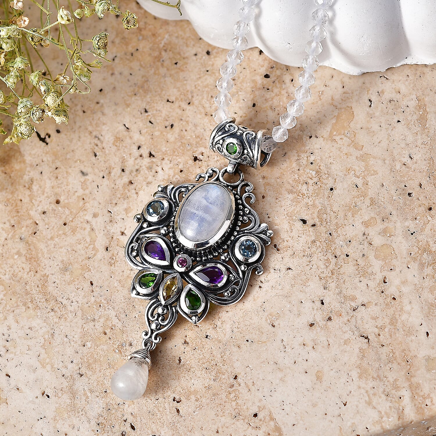D'Joy Indian Artisan Crafted Premium Rainbow Moonstone, Multi Gemstone Pendant with Beaded Necklace (20 Inches) in Sterling Silver 56.10 ctw