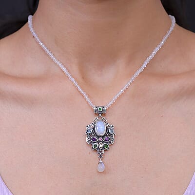 D'Joy Indian Artisan Crafted Premium Rainbow Moonstone, Multi Gemstone Pendant with Beaded Necklace (20 Inches) in Sterling Silver 56.10 ctw