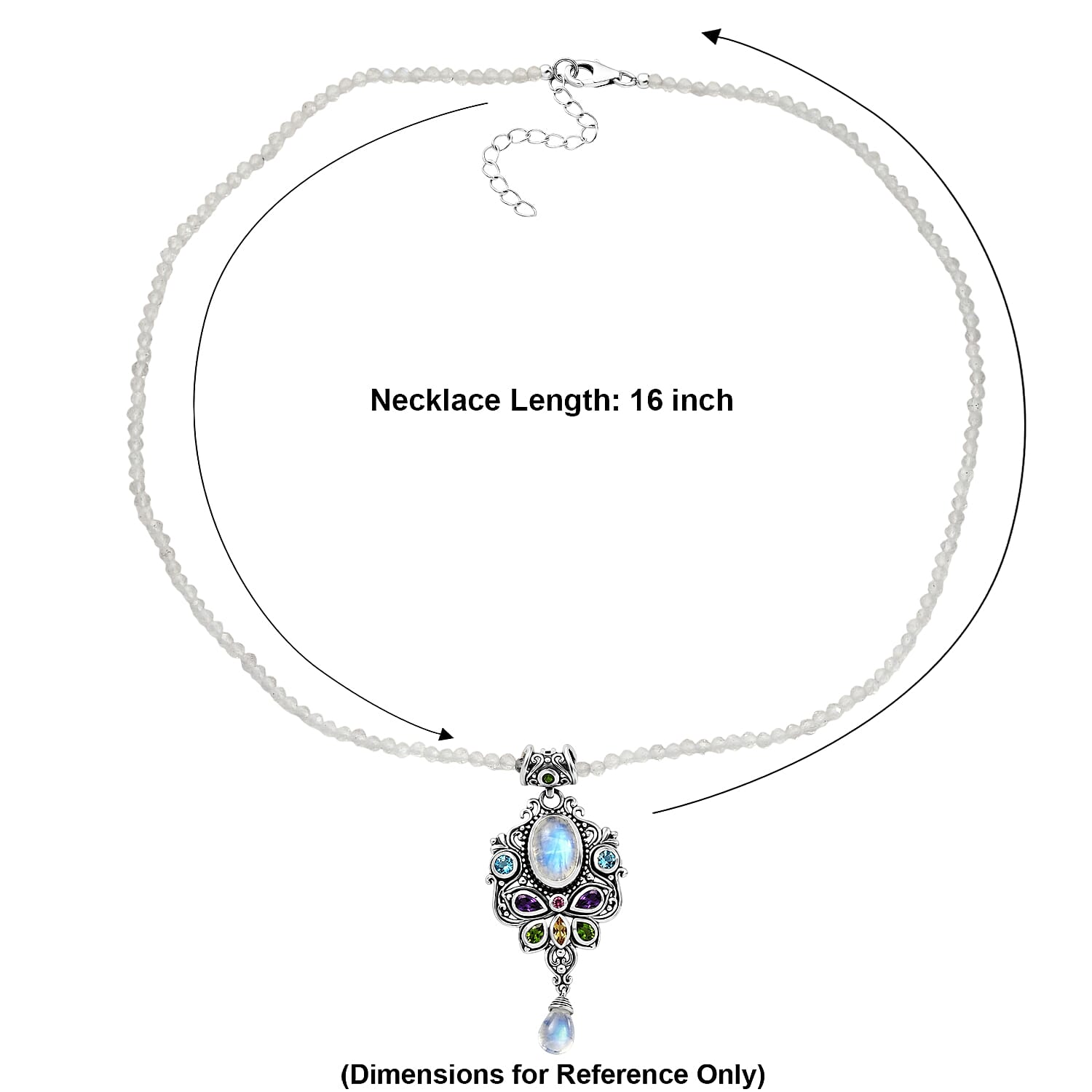 D'Joy Indian Artisan Crafted Premium Rainbow Moonstone, Multi Gemstone Pendant with Beaded Necklace (20 Inches) in Sterling Silver 56.10 ctw