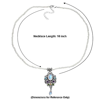 D'Joy Indian Artisan Crafted Premium Rainbow Moonstone, Multi Gemstone Pendant with Beaded Necklace (20 Inches) in Sterling Silver 56.10 ctw