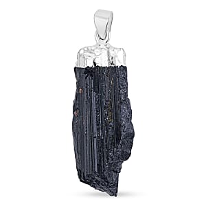 Rough Mineral Black Tourmaline 34.00 ctw Pendant in Silvertone with Stainless Steel Necklace 20 Inches