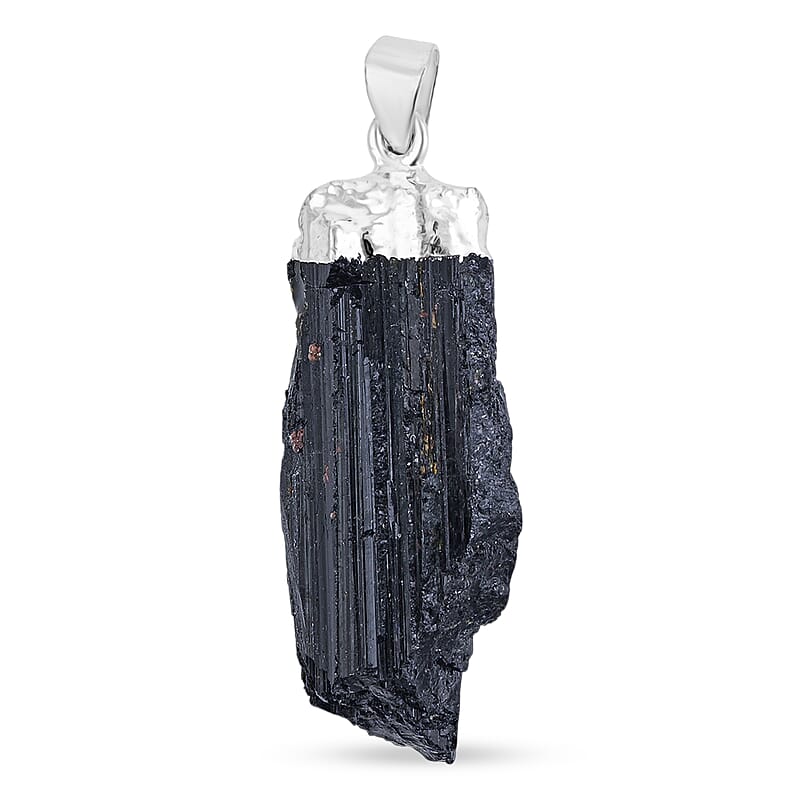 Rough Mineral Black Tourmaline 34.00 ctw Pendant in Silvertone with Stainless Steel Necklace 20 Inches