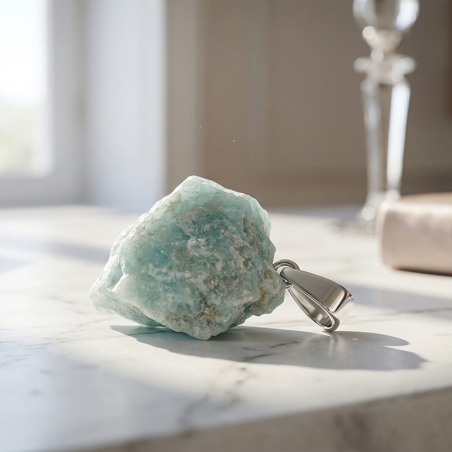 Rough Stone Plain Aquamarine 52.00 ctw Pendant in Silvertone with Stainless Steel Necklace 20 Inches