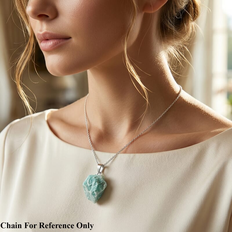 Rough Stone Plain Aquamarine 52.00 ctw Pendant in Silvertone with Stainless Steel Necklace 20 Inches