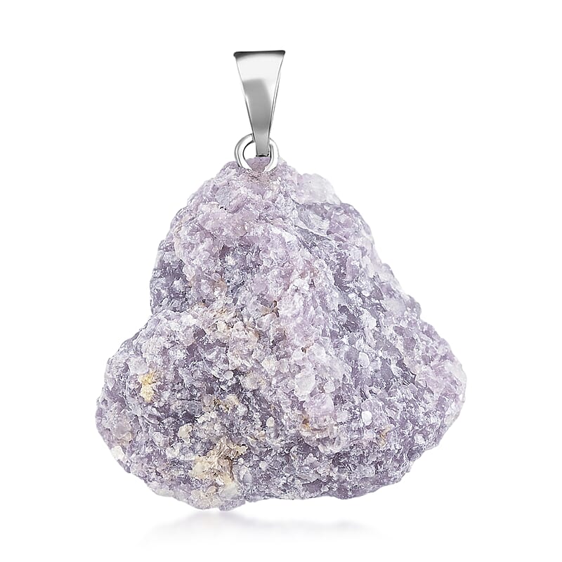 Rough Stone Plain Lepidolite 52.00 ctw Pendant in Silvertone with Stainless Steel Necklace 20 Inches