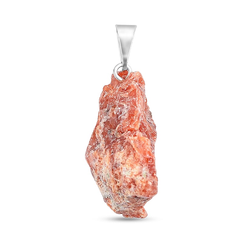 Rough Stone Plain Orange Calcite 52.00 ctw Pendant in Silvertone with Stainless Steel Necklace 20 Inches