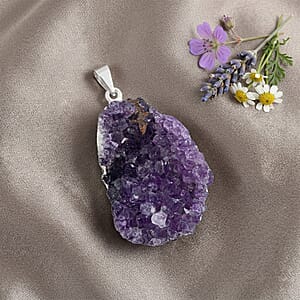 Amethyst Druzy 68.00 ctw Pendant in Silvertone with Stainless Steel Necklace 20 Inches