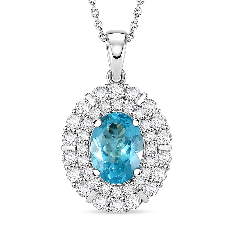 Certified & Appraised D'Joy Premium Paraiba Apatite and Moissanite 2.10 ctw Pendant Necklace in Rhodium Over Sterling Silver 20 Inches