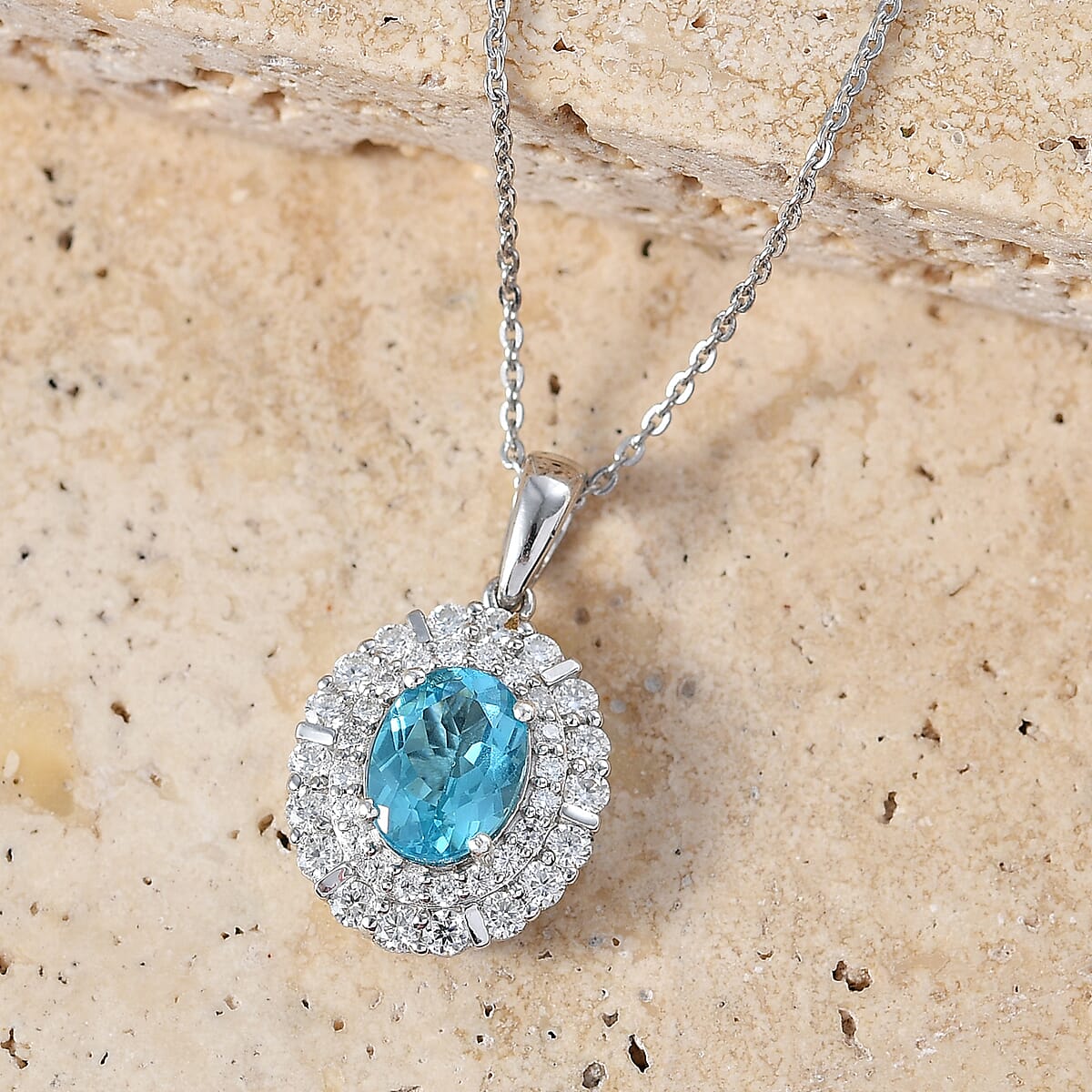 Certified & Appraised D'Joy Premium Paraiba Apatite and Moissanite 2.10 ctw Pendant Necklace in Rhodium Over Sterling Silver 20 Inches  image number 1