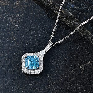AAA Cambodian Blue Zircon and Luxuriant Lab Grown Diamond G-H SI 3.43 ctw Pendant Necklace in 10K White Gold (20 Inches)
