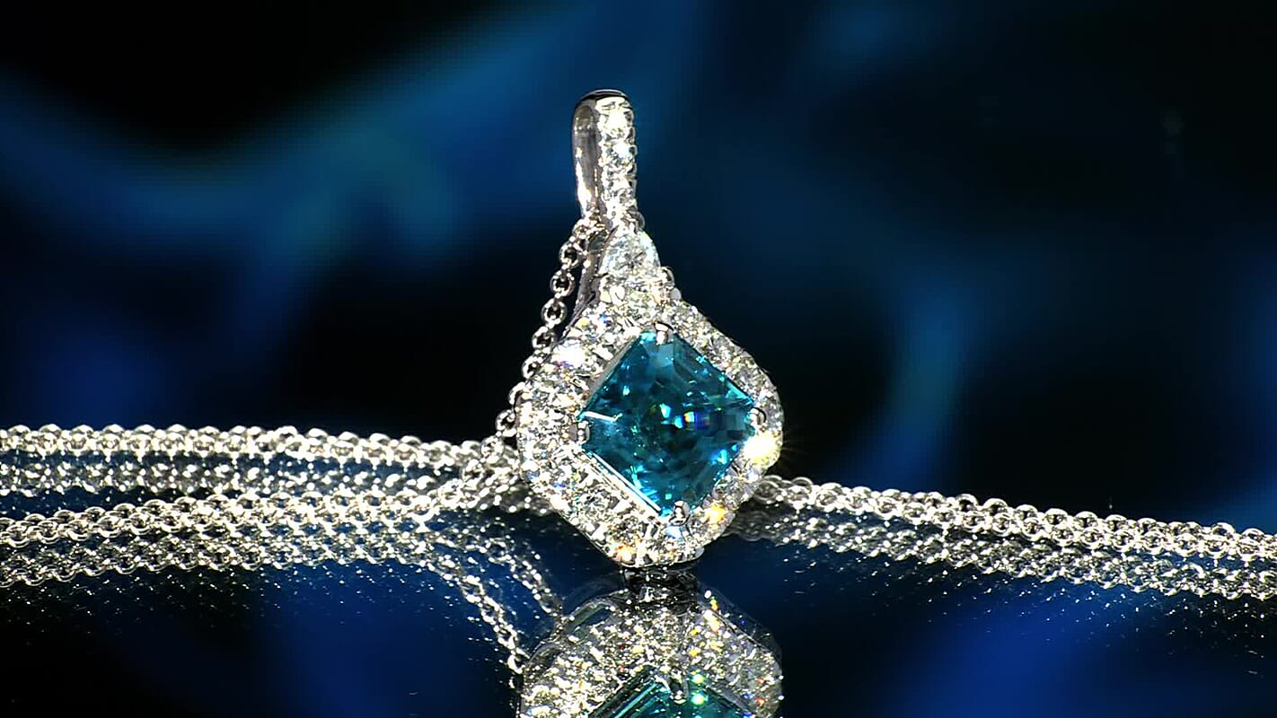 AAA Cambodian Blue Zircon and Luxuriant Lab Grown Diamond G-H SI 3.43 ctw Pendant Necklace in 10K White Gold (20 Inches)