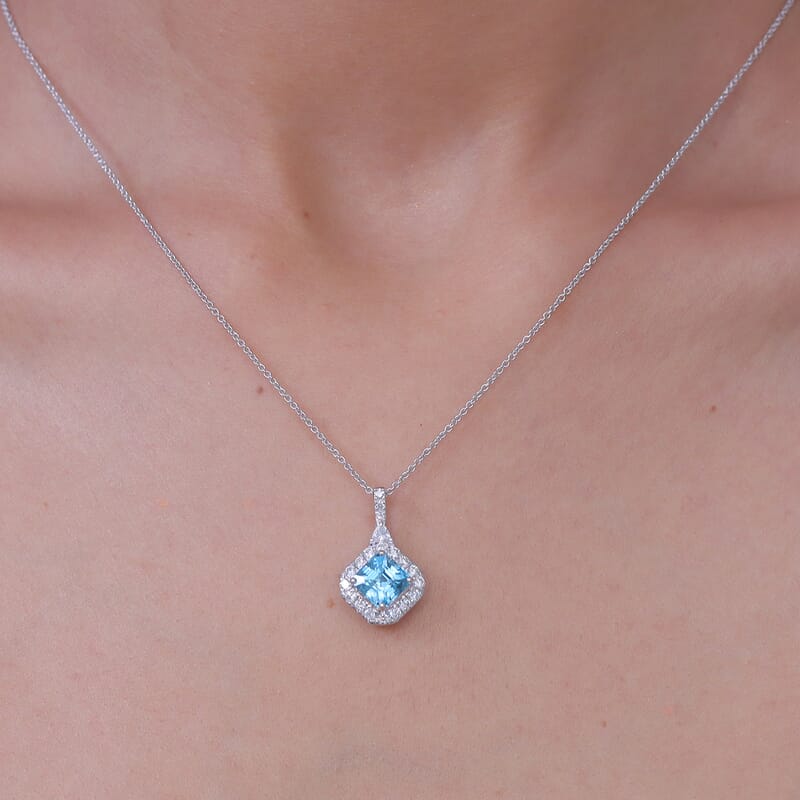 Certified & Appraised AAA Cambodian Blue Zircon and Luxuriant Lab Grown Diamond G-H SI 3.43 ctw Pendant Necklace in 10K White Gold (20 Inches)