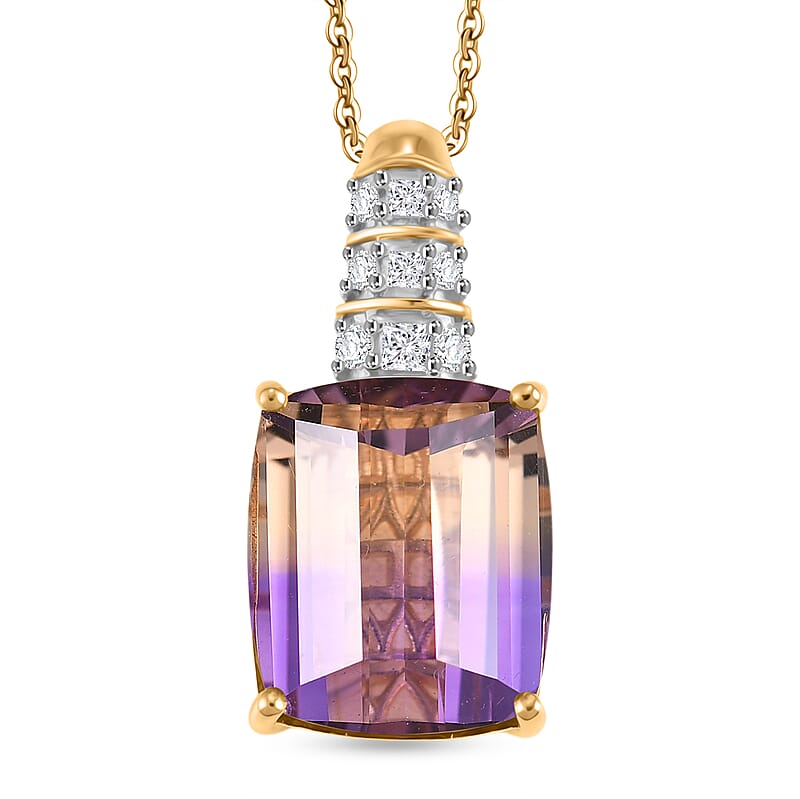 Certified & Appraised D'Joy Cushion Roll Top Cut Premium Anahi Ametrine and Moissanite 10.10 ctw Pendant Necklace in 18K Vermeil Yellow Gold Over Sterling Silver (20 Inches)