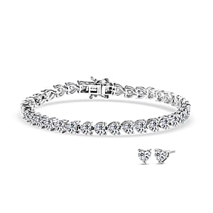 D'Joy Moissanite 18.00 ctw Heart Link Bracelet (8.00In) and Earrings in Rhodium Over Sterling Silver