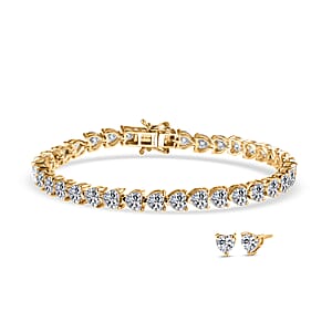 D'Joy Moissanite 18.00 ctw Hear Link Bracelet (8.00In) and Stud Earrings in 18K Vermeil Yellow Gold Over Sterling Silver