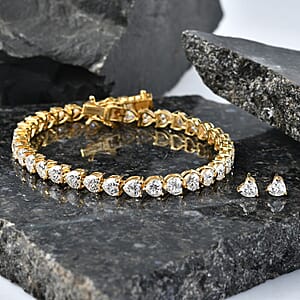 D'Joy Moissanite 18.00 ctw Hear Link Bracelet (8.00In) and Stud Earrings in 18K Vermeil Yellow Gold Over Sterling Silver