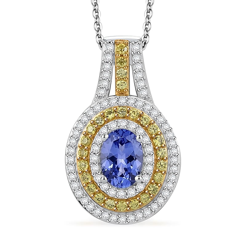 D'Joy Tanzanite and Multi Gemstone 1.60 ctw Nature Luxe Halo Pendant Necklace in 18K Vermeil YG and Rhodium Over Sterling Silver 20 Inches