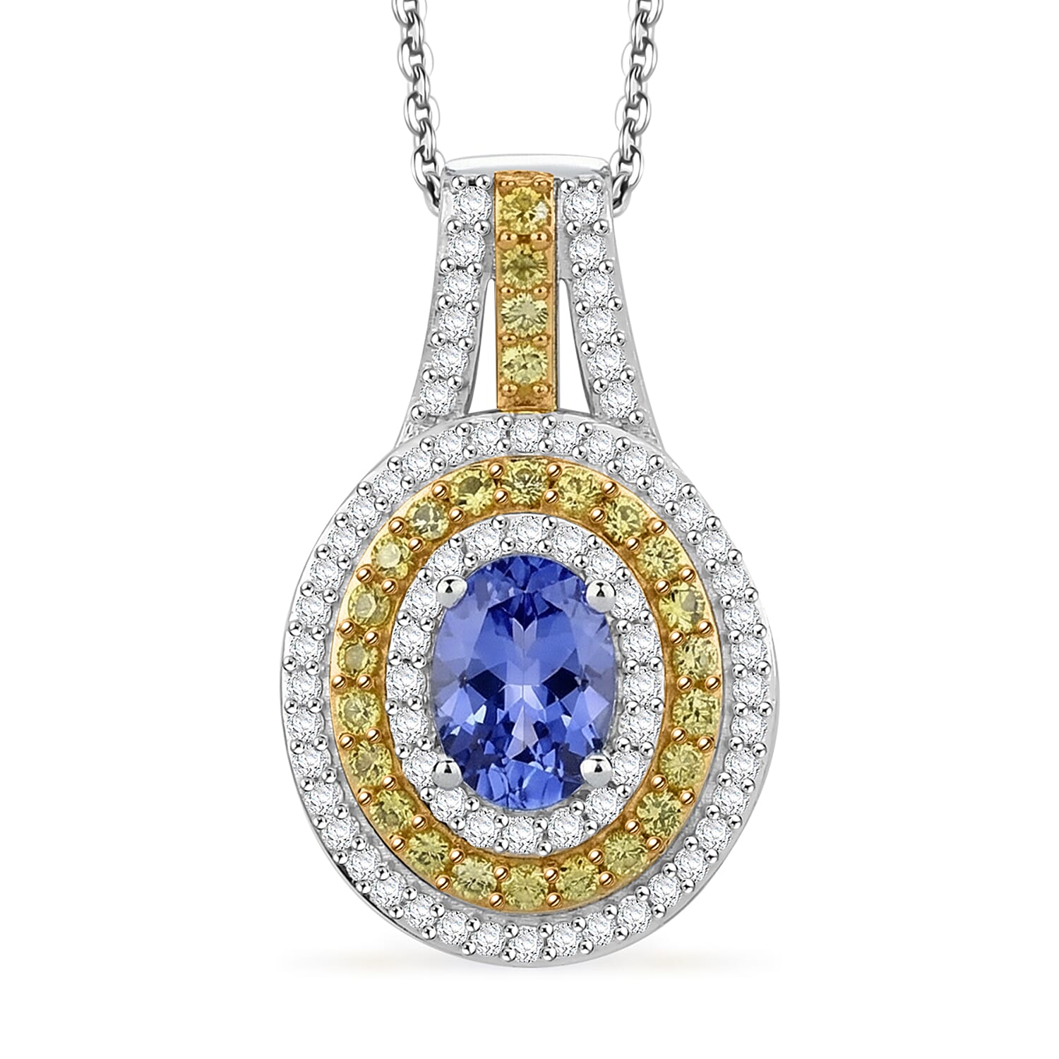 D'Joy Tanzanite and Multi Gemstone 1.60 ctw Nature Luxe Halo Pendant Necklace in 18K Vermeil YG and Rhodium Over Sterling Silver