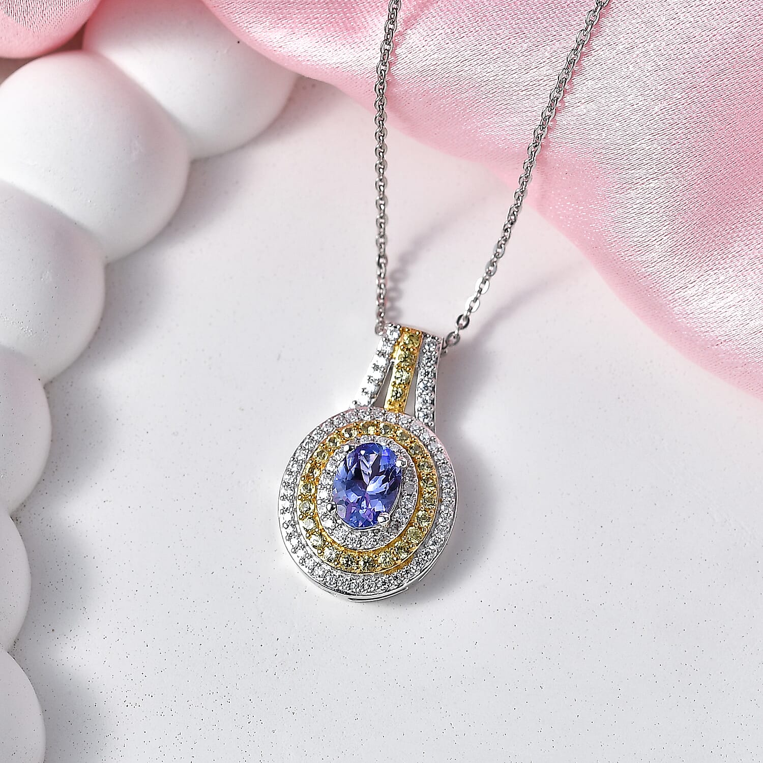D'Joy Tanzanite and Multi Gemstone 1.60 ctw Nature Luxe Halo Pendant Necklace in 18K Vermeil YG and Rhodium Over Sterling Silver 20 Inches