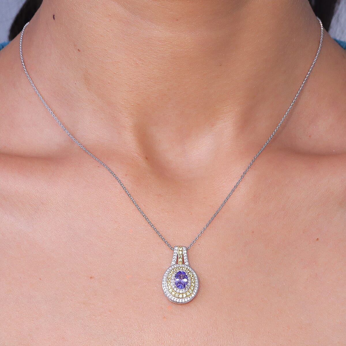 D'Joy Tanzanite and Multi Gemstone 1.60 ctw Nature Luxe Halo Pendant Necklace in 18K Vermeil YG and Rhodium Over Sterling Silver 20 Inches  image number 2
