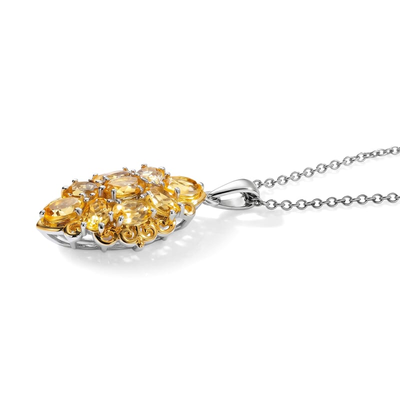 EverTrue Brazilian Citrine 4.85 ctw Two Tone Blossom Pendant in 18K YG Plated and Platinum Bond with Stainless Steel Necklace 20 Inches