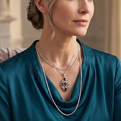 EverTrue Multi Gemstone 4.40 ctw Pendant in 18K YG Plated and Platinum Bond with Stainless Steel Necklace 20 Inches