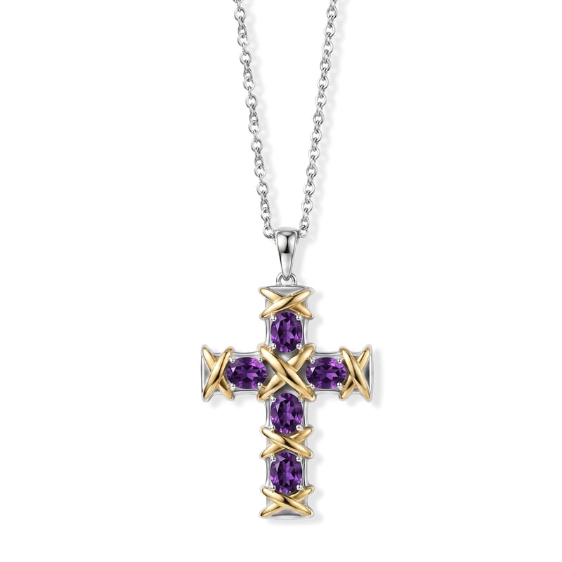 EverTrue African Amethyst 1.80 ctw XOXO Cross Pendant in 18K YG Plated and Platinum Bond with Stainless Steel Necklace (20 Inches)