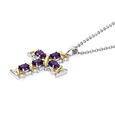 EverTrue African Amethyst 1.80 ctw XOXO Cross Pendant in 18K YG Plated and Platinum Bond with Stainless Steel Necklace (20 Inches)
