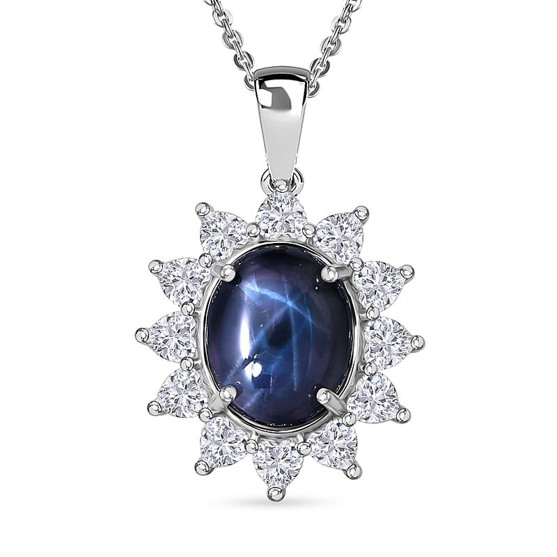 D'Joy Premium Blue Star Sapphire (DF) and Moissanite 7.20 ctw Midnight Blossom Pendant Necklace in Rhodium Over Sterling Silver 20 Inches