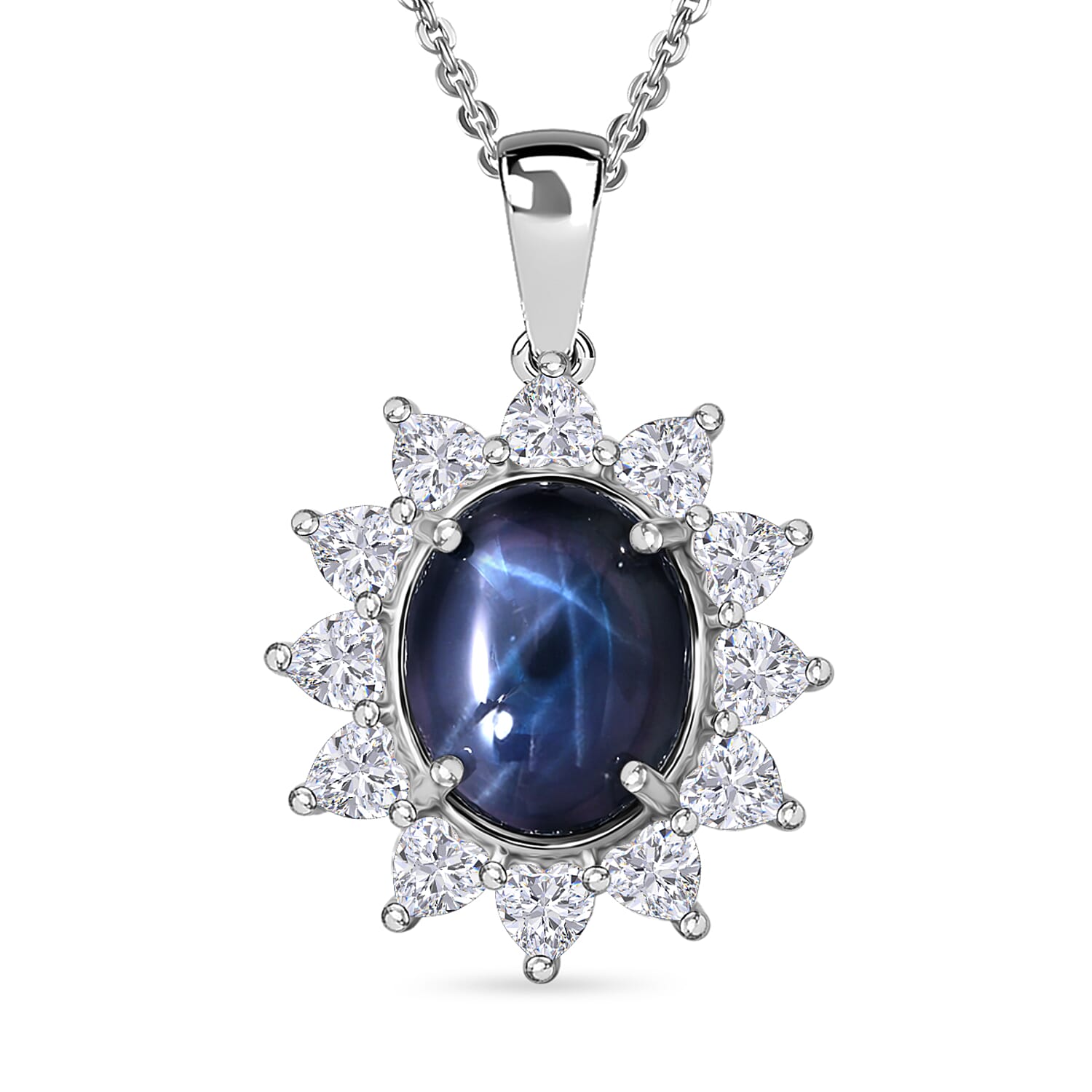 D'Joy Premium Blue Star Sapphire (DF) and Moissanite 7.20 ctw Midnight Blossom Pendant Necklace in Rhodium Over Sterling Silver