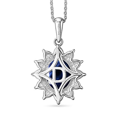 D'Joy Premium Blue Star Sapphire (DF) and Moissanite 7.20 ctw Midnight Blossom Pendant Necklace in Rhodium Over Sterling Silver 20 Inches