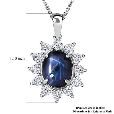 D'Joy Premium Blue Star Sapphire (DF) and Moissanite 7.20 ctw Midnight Blossom Pendant Necklace in Rhodium Over Sterling Silver 20 Inches