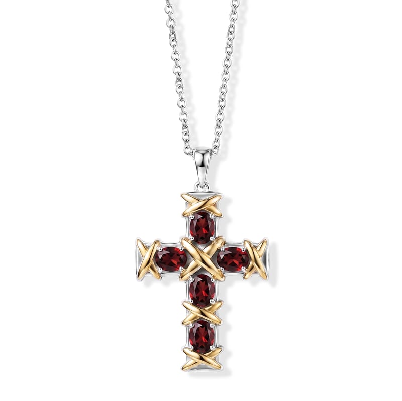 EverTrue Mozambique Garnet 2.30 ctw XOXO Cross Pendant in 18K YG Plated and Platinum Bond with Stainless Steel Necklace (20 Inches)